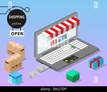 Moderne isometrische Design. Das Konzept der on-line-Einkaufen. Ein Laptop in Form von einem Speicher und einem shopping Box nach der Zahlung. Vector Illustration. Stock Vektor