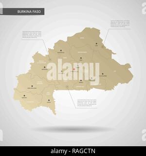 Stylized vector Burkina Faso Karte. Infografik 3d Gold Karte Abbildung mit Städten, Ländergrenzen, Kapital, administrative divisions und Zeiger markiert, Sha Stock Vektor