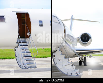 Sammlung von zwei Fotos der Treppe mit Jet Engine auf einem modernen Private Jet Flugzeug - Bombardier Global Express Stockfoto
