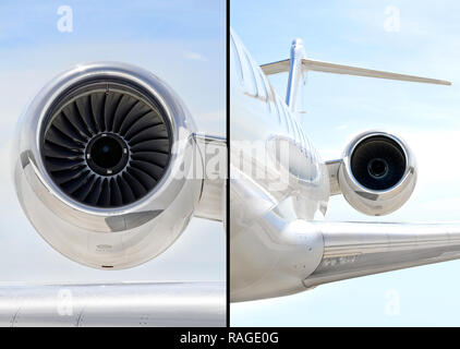 Sammlung von zwei Fotos von Jet Motor mit auf einem luxuriösen privaten Flugzeuge - Bombardier Global Express Stockfoto