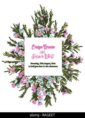 Vintage aquarell Blumen vektor Einladung Hochzeit mit einem Strauß rosa und blau Wachs Blumen in einem quadratischen Rahmen auf einem weißen Hintergrund. Bot Stock Vektor