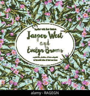 Elegante vektor Muster für Einladung Hochzeit, Grußkarten, Flyer mit pinkfarbenen und blauen Wachs Blumen auf einem türkis Hintergrund mit einem ovalen Rahmen für Te Stock Vektor