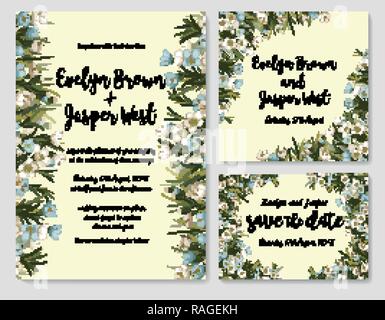 Hochzeit einladen, Einladung, Rsvp, speichern Sie die aktuelle Karte Design mit eleganten weißen und blauen Wachs Blumen, Blätter, hübsch gerahmte Text. Vektor Vorlage festlegen Stock Vektor