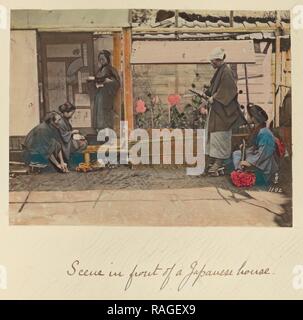 Szene vor einer japanischen Haus, Shinichi Suzuki (Japan, 1835 - 1919), Japan, über 1873-1883, von Hand gefärbt Neuerfundene Stockfoto