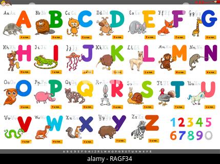 Cartoon Illustration von Großbuchstaben Alphabet Set mit Tier Zeichen für das Lesen und Schreiben von Bildung für Kinder Stock Vektor