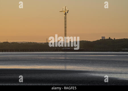 Die Mersey Gateway Brückenbau, 2014-2017. Verschiedene Stadien der Bau der Brücke zwischen Widnes & Runcorn (Halton) am Fluss Mersey Stockfoto