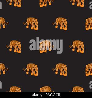 Vektor nahtlose Muster mit Tiger auf schwarzen Hintergrund. Stoff Design für T-Shirts und Blusen. Stock Vektor