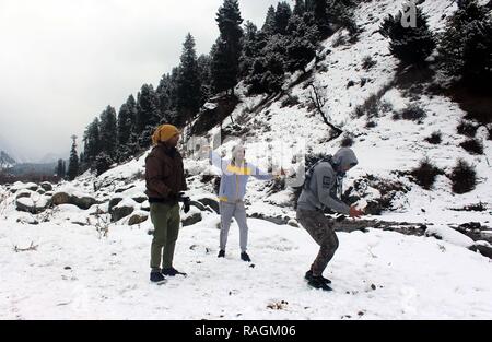 Anantnag, Indien. 02 Jan, 2019. Eine Gruppe von Touristen spielen mit Schnee während der ersten Schneefall ist das neue Jahr in Pahalgam am 3. Januar 2019 etwa 100 Kilometer von Srinagar, Indien. Kaschmir erhielt seinen ersten Schneefall im Neuen Jahr brechen ein Monat - lange Durststrecke im Tal. Credit: Aasif Shafi/Pacific Press/Alamy leben Nachrichten Stockfoto