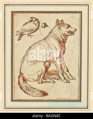 Ein Wolf und zwei Tauben, Sinibaldo Scorza (Italienisch, 1589-1631), Italien, ca. 1610 - 1620, Stift und Tinte über braun schwarz Neuerfundene Stockfoto