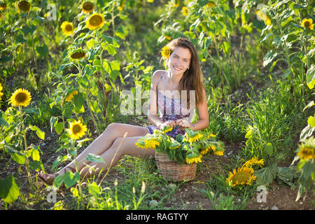 Süße Schöne junge Mädchen Dame Frau sitzt auf einem Feld mit großen Sonnenblumen. Brünette mit blauen Augen tragen bunte Kleidung italienischen Livorno sun Motorhaube Stockfoto