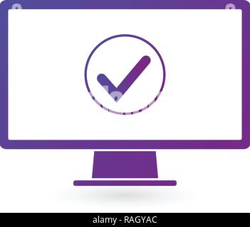 Computer Monitor und aktivieren. Erfolgreiche Aktualisierung, akzeptieren, ok, Aufgabe wurde abgeschlossen. Vector Illustration auf weißem Hintergrund. Stock Vektor