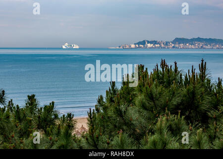 DURRES, Albanien - 17. MAI 2017: riesige weiße und blaue GNV Fähre nähert sich der albanischen Stadt, hohen Winkel Blick von oben Pinien und Sandstrand, Stockfoto