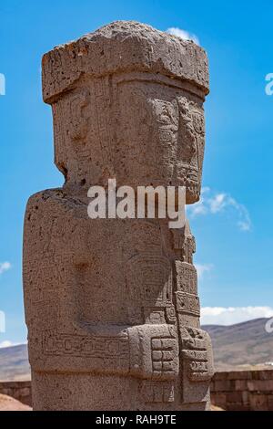 Monolith in Kalsasaya Tempel, Tihuanaku, Tiawanacu, Tiahuanaco, UNESCO-Weltkulturerbe, Provinz Ingavi, La Paz, Bolivien Stockfoto