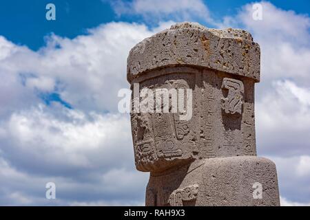 Monolith in Kalsasaya Tempel, Tihuanaku, Tiawanacu, Tiahuanaco, UNESCO-Weltkulturerbe, Provinz Ingavi, La Paz, Bolivien Stockfoto