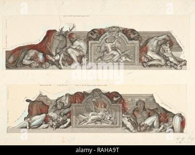 Relief, flankiert von Zahlen des Herkules mit den Hinterbeinen von Ceryneia und die Erymanthean Wildschwein (oben), Relief, flankiert von Neuerfundene Stockfoto