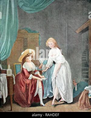 Frauen in der Umkleidekabine, Französisch Kupfer Kupferstich von Chaponnier, ca. 1788 Stockfoto