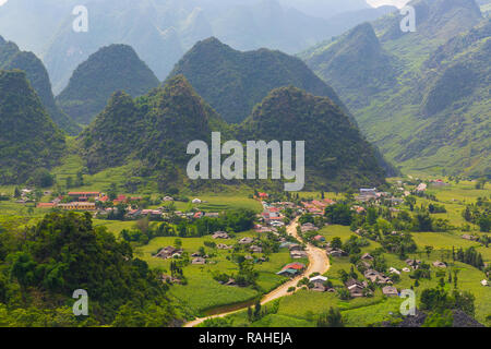 Kleine ländliche Dorf von Reis Pasteten umgeben. Ha Giang Loop, Provinz Ha Giang, Vietnam, Asien Stockfoto