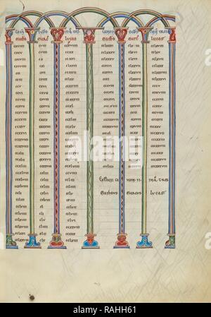 Canon Seite Tabelle Ligny-le-Châtel (wahrscheinlich), Frankreich, um 1170, Stift und schwarzer Tusche, Tempera und Blattgold auf Pergament neuerfundene Stockfoto