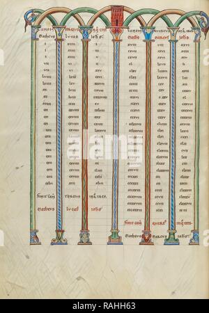 Canon Seite Tabelle Ligny-le-Châtel (wahrscheinlich), Frankreich, um 1170, Stift und schwarzer Tusche, Tempera und Blattgold auf Pergament neuerfundene Stockfoto