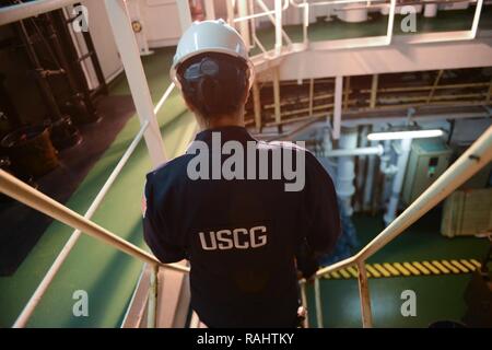 Petty Officer 3rd Class Danielle Montez führt eine sicherheitsbetrachtung an Bord der Liberianischen-Flagge fahrenden Containerschiff MSC Vaishnavi R. Montag, 6. Februar 2017 in Boston. Montez ist ein Mitglied der Küstenwache des Boston Hafenstaatkontrolle Prüfung Team. Us-Küstenwache Stockfoto