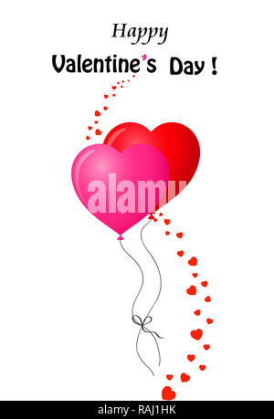 Happy Valentine's Tag Grußkarte mit ein paar roten und rosa Herzförmige helium Luftballons zusammen gebundenen und vertikale Welle aus vielen kleinen h Stockfoto