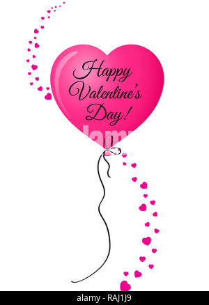Rosa realistisch Helium Ballon in Herzform mit vertikaler Welle aus vielen Rose verschieden grossen Herzen und Happy Valentine's Tag Inschrift isoliert Stockfoto