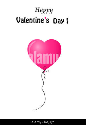 Happy Valentine's Day Grußkarte mit Rosa realistisch Helium Ballon in Herzform auf weißem Hintergrund mit Kopie Raum isoliert. Abbildung. Stockfoto