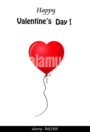 Happy Valentine's Day Grußkarte mit Scharlachrot realistisch Helium Ballon in Herzform auf weißem Hintergrund mit Kopie Raum isoliert. illustratio Stockfoto