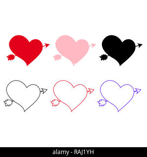 Symbole, Satz von verschiedenen Herzen mit Pfeil auf weißem Hintergrund durchbohrt. Elemente für Hochzeit oder Valentinstag Grußkarten-Design. Lovestruck Stockfoto