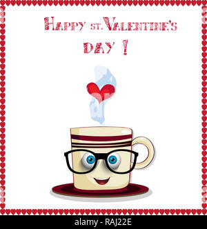 Happy st. Valentinstag Grußkarten mit cute cartoon Kaffeebecher Charakter mit Streifen, lustiges Gesicht mit den blauen Augen, Brille und Herz in Dampf auf Stockfoto