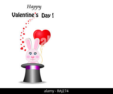 Velentine's day Grußkarte Cute bunny hält rote herzförmige Ballons in magischen Hut mit vielen Herzen herum. Kaninchen aus dem Hut auf weißen backgro Stockfoto