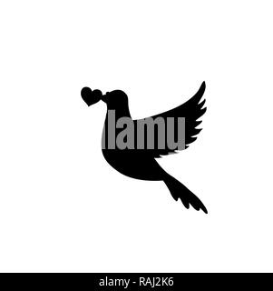 Schwarze Silhouette der fliegende Taube mit Herz im Schnabel auf weißem Hintergrund. Taube des Friedens Symbol. Liebe Symbol Konzept, Vogel unterzeichnen, Cliparts für Hochzeit, va Stockfoto
