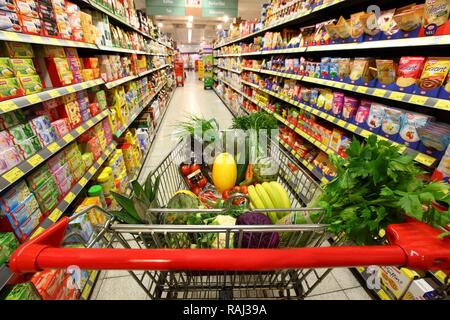 Volle Einkaufswagen den Gang hinunter geschoben, Food Hall, Supermarkt Stockfoto