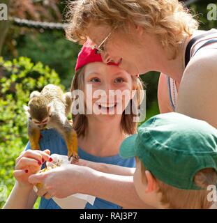 Mutter und Kinder mit einem gemeinsamen Totenkopfäffchen (Saimiri sciureus), Serengeti Park Zoo und Freizeitpark, Hodenhagen Stockfoto