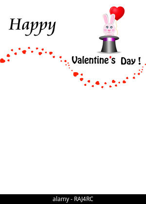 Happy Valentines Tag Grußkarte Design mit cute Cartoon rosa Kaninchen mit roten herzförmigen Luftballon sitzen in der schwarzen Magie Zylinder top hat und Stockfoto