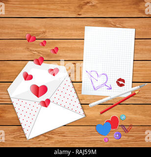 Valentines Card mit niedlichen geöffnet Umschlag mit verstreuten roten Herzen gefaltet, leer Leer mit Hand gezeichnet Herz und kissmark auf hölzernen Hintergrund. nach oben Stockfoto