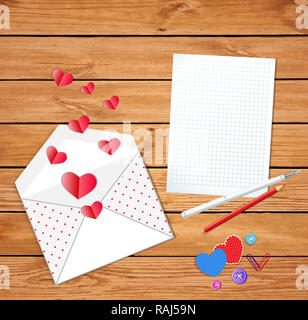 Valentines Card mit niedlichen geöffnet Umschlag mit verstreuten Roten gefaltet Herz, leer, leer, rot Bleistift und Füllhalter auf Holztisch. top view Illu Stockfoto