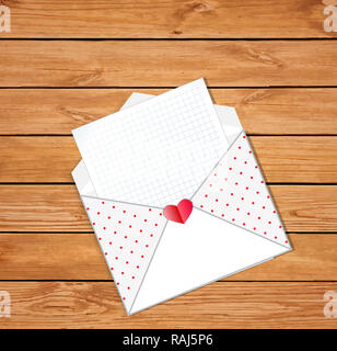 Liebe mail. Geöffnet Umschlag mit leer Leer und Herz Stempel auf Holz- Hintergrund. Illustration, Grenze, Vorlage mit kopieren. Stockfoto