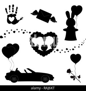 Happy Valentines Tag schwarze Symbole Silhouette auf weißem Hintergrund. Liebe Urlaub. Valentine oder Ehe Sammlung Elemente für die Begrüßung von Auto Stockfoto