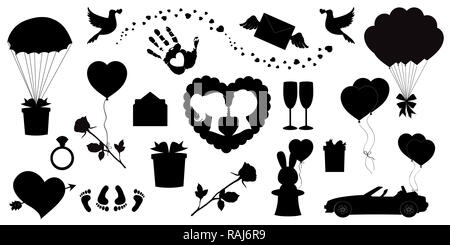 Liebe Icons Set mit 20 editierbare gefüllt Valentines silhouette Schilder. Herzen, Ballons, Pfeil Herz, Rose, Kuss Paar, Ring, Just married Auto, Ballons Stockfoto