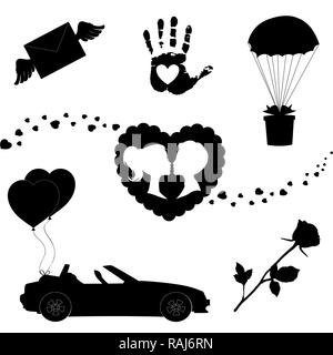 Liebe Symbole 7 editierbare gefüllt Valentine silhouette Zeichen auf weißem Hintergrund. Herzen, Ballons, Rose, küssen paar, Just married Auto, Stockfoto