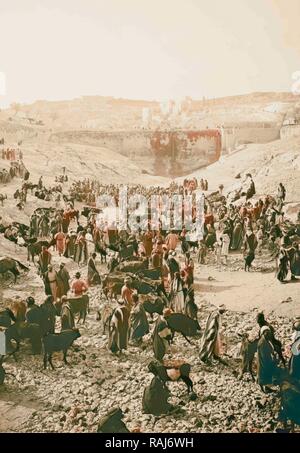 Jerusalem (El-Kouds), Vorgehensweise bei der Stadt. Viehmarkt in unteren Pool an Gihon 1900, Israel. Neuerfundene Stockfoto