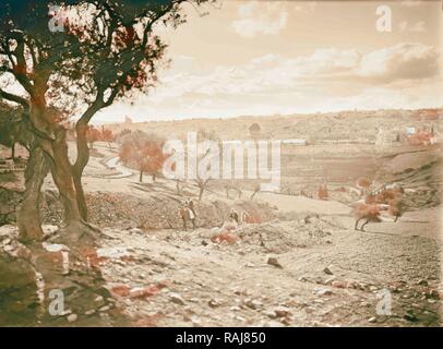 Jerusalem von den Pisten von Olivet, Kamel auf dem Hügel 1934, Israel. Neuerfundene durch Gibon. Klassische Kunst mit einem Neuerfundene Stockfoto