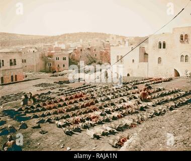 Hebron (El-Khalil). Gerben Skins für Wasserflaschen. 1898, West Bank, Hebron. Neuerfundene durch Gibon. Klassische Kunst mit einem Neuerfundene Stockfoto