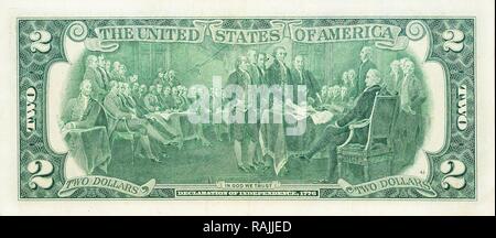 Historische Banknote, zwei US-Dollar, für den 200. Jahrestag der Unabhängigkeitserklärung ausgestellt Stockfoto