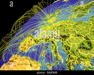 Westeuropa aus dem Weltraum auf der Erde mit Linien, internationale Verbindungen, Kommunikation, Reisen. 3D-Darstellung. Elemente dieses Bild f Stockfoto