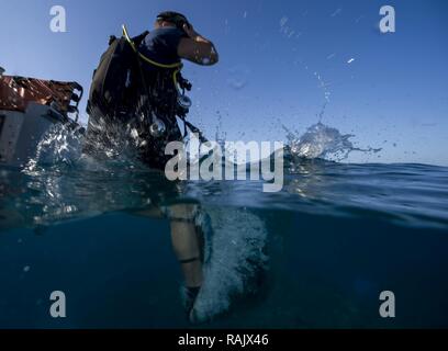 Mass Communication Specialist 2. Klasse Sean Furey, Expeditionary Bekämpfung der Kamera zugewiesen, in dem Wasser während Unterwasser Fotografie Training vor der Küste der Marinestation Guantánamo Bay, Kuba, Feb 8. Taucher Expeditionary der Bekämpfung des Kamera jährliche Schulung und ihre Deutschkenntnisse zu pflegen und dabei darauf zu achten, dass sie bereit sind, DoD Missionen weltweit zu unterstützen. Stockfoto