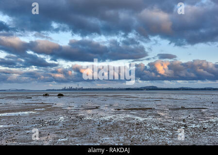 Blick über die Bucht von Te Atatu Halbinsel in Richtung Auckland City an einem bewölkten Tag bei Ebbe Stockfoto