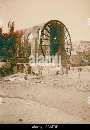 Hama (Hamath) Wasserrad und Aquädukt für Bewässerung 1900, Syrien, Ḥamāh. Neuerfundene durch Gibon. Klassische Kunst mit einem Neuerfundene Stockfoto