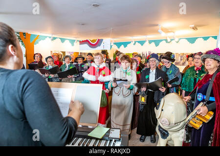 Den Wald Höhen Entscheidungsträger Chor zu Weihnachten an den Dekan Heritage Center, Soudley, Gloucestershire Musical. Stockfoto